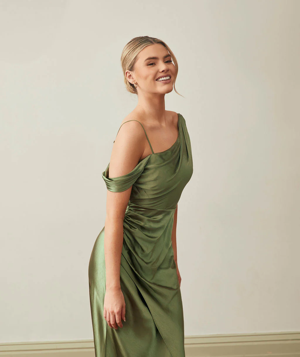 Asymmetrical Satin Bridesmaid Dress - Moss Green - Image 2
