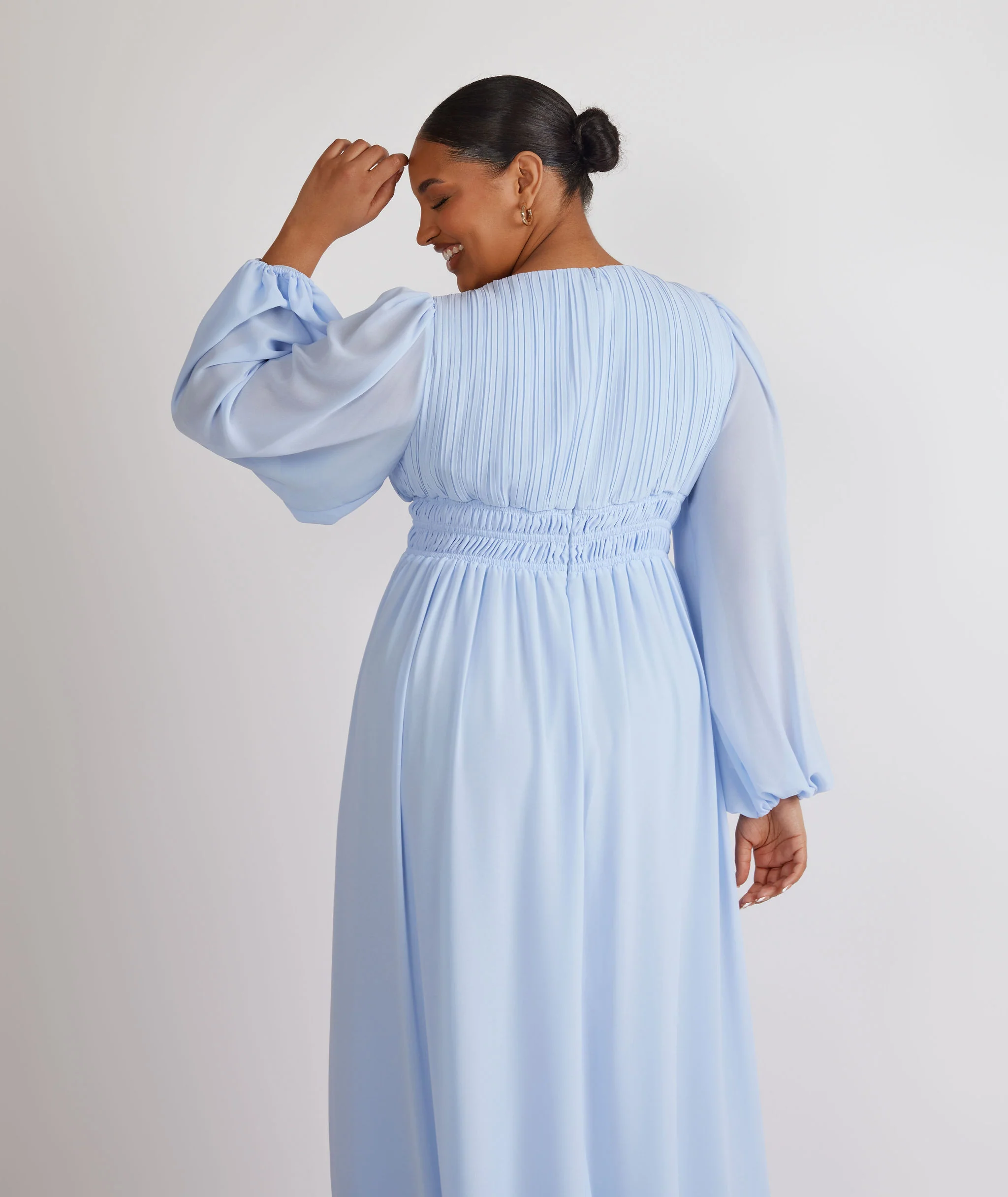 Balloon Sleeve Chiffon Bridesmaid Dress - Cornflower Blue - Image 3