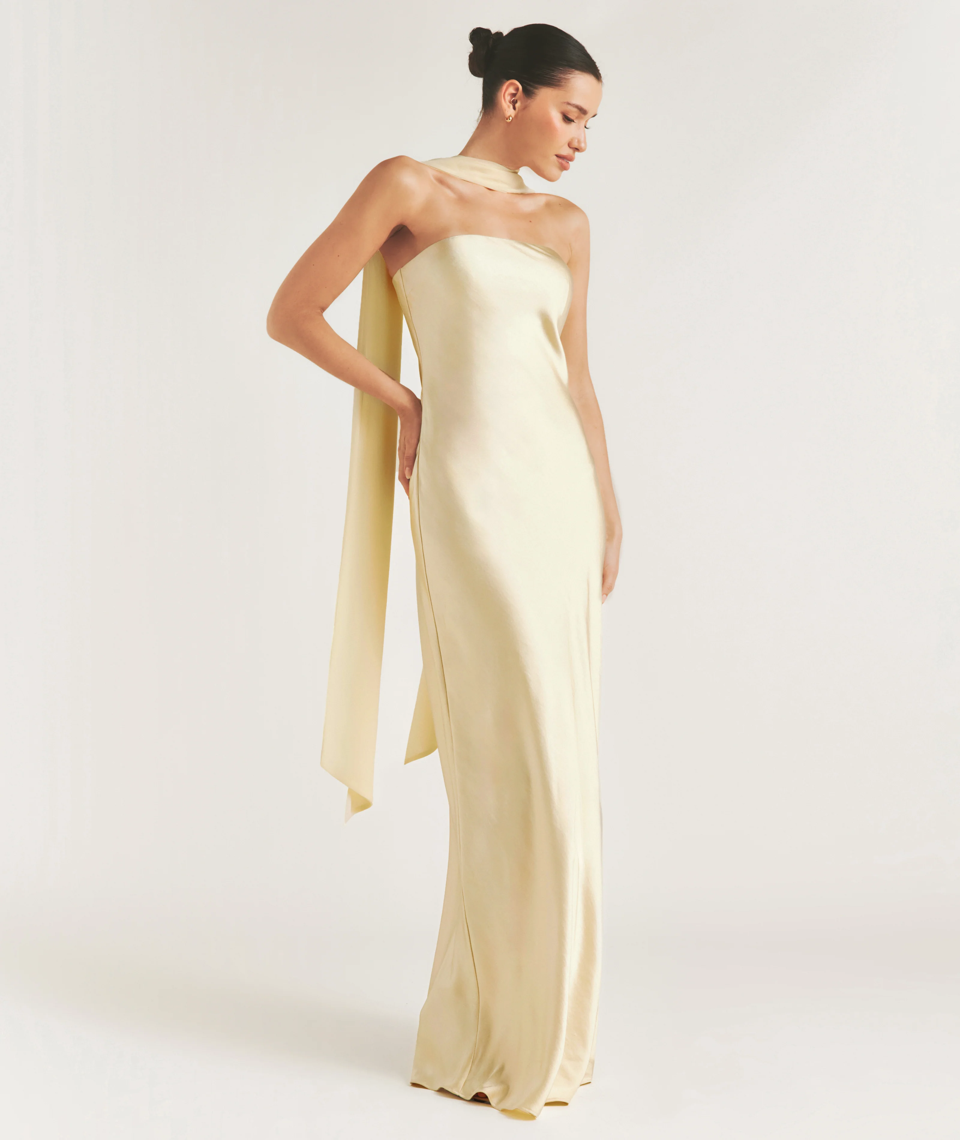 Bandeau Satin Bridesmaid Dress with Chiffon Neck Scarf - Butter Lemon - Image 7