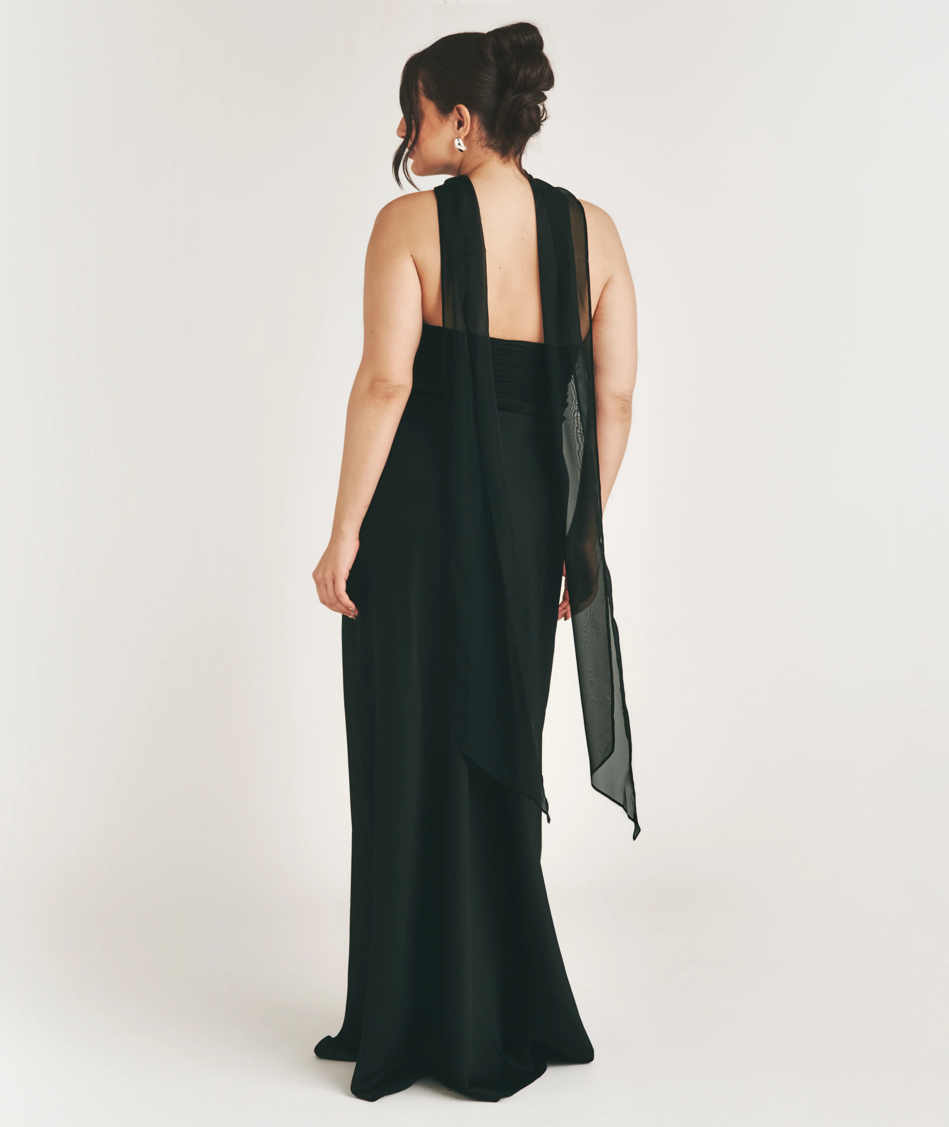 Bandeau Satin Bridesmaid Dress with Neck Tie - Black - Image 4