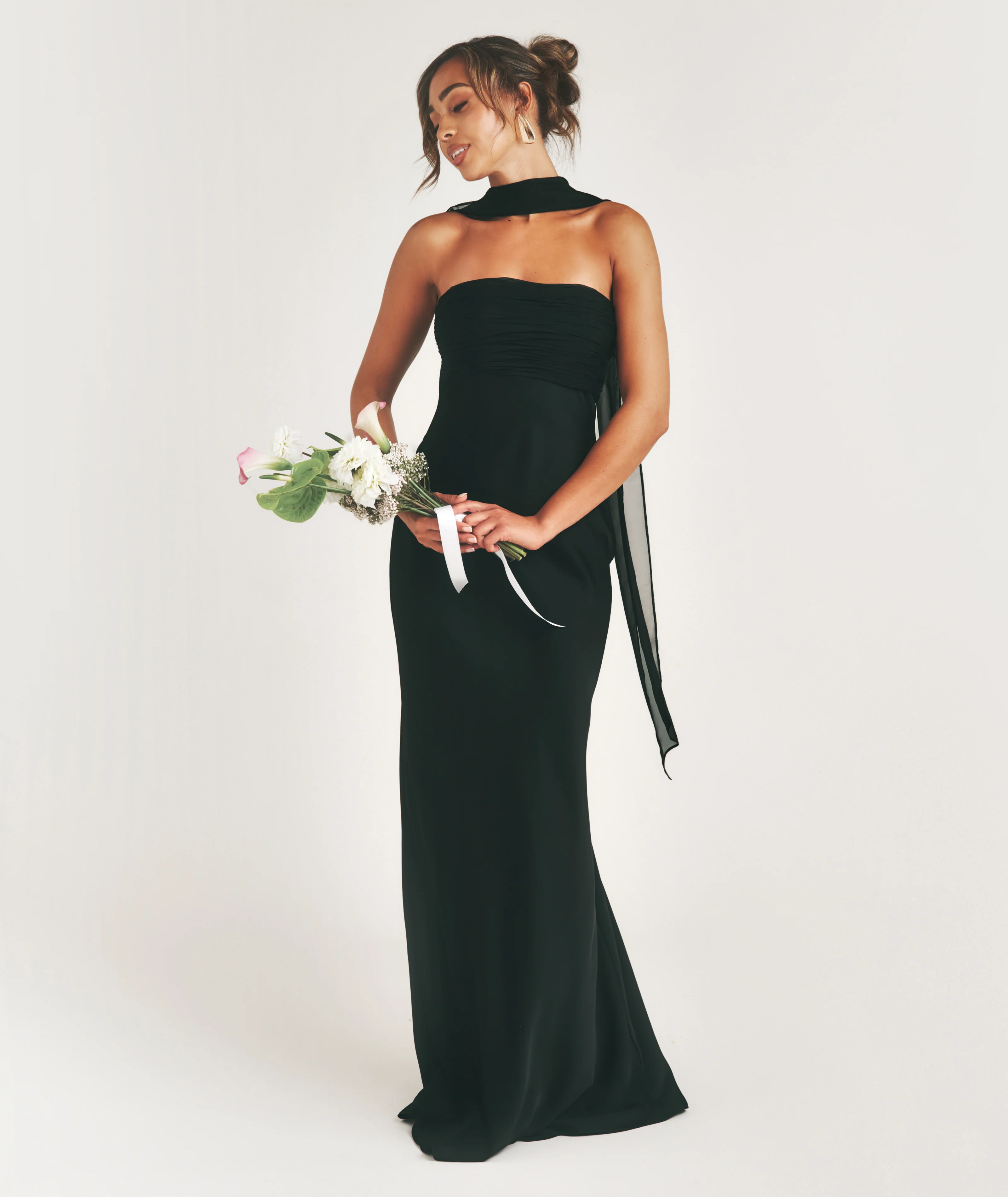 Bandeau Satin Bridesmaid Dress with Neck Tie - Black - Image 6
