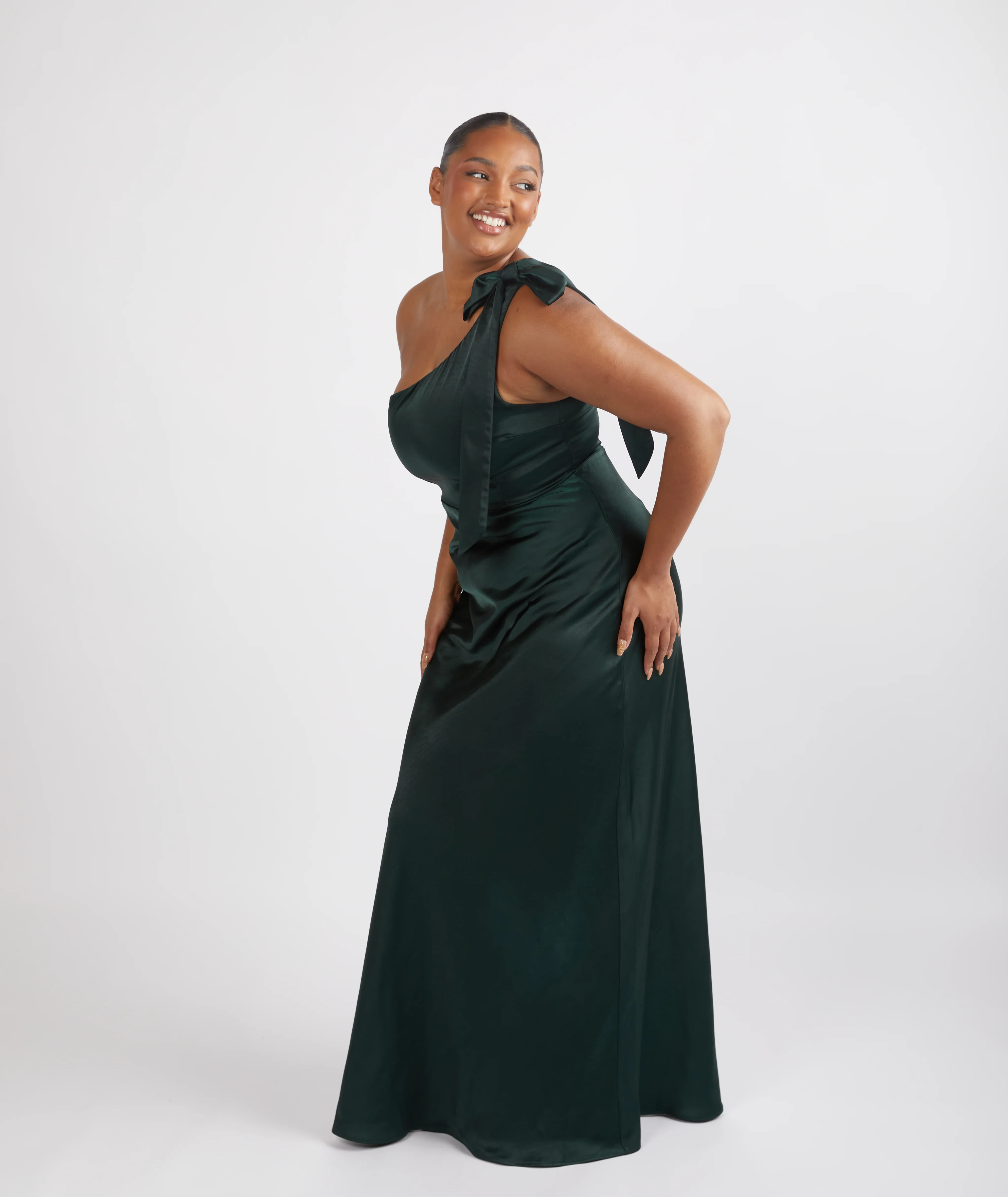 Bow One Shoulder Satin Bridesmaid Dress - Emerald - Image 2