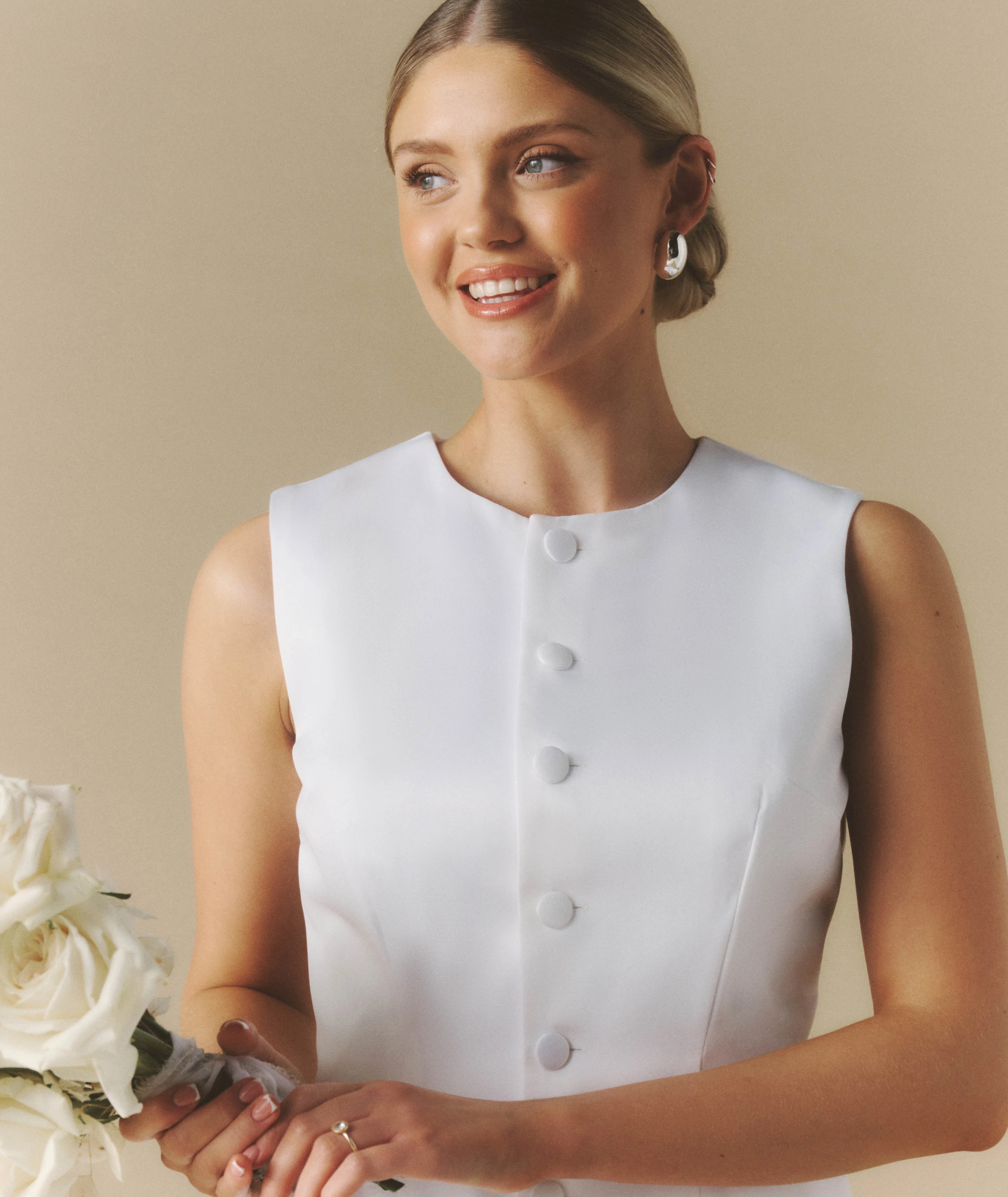 Button Through Satin Tailored Mini Dress - White - Image 3