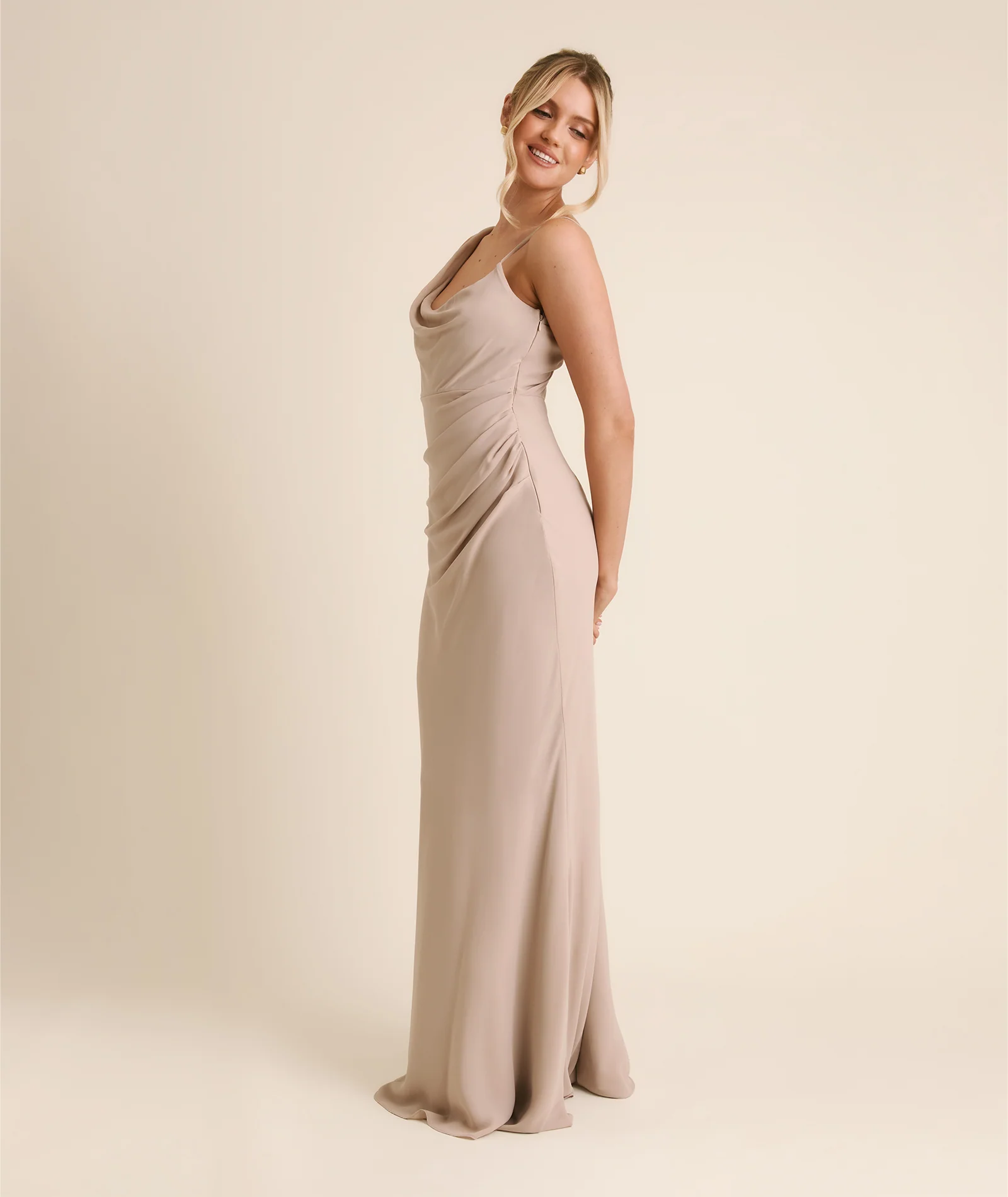 Cowl Asymmetrical Chiffon Bridesmaid Dress - Taupe - Image 5