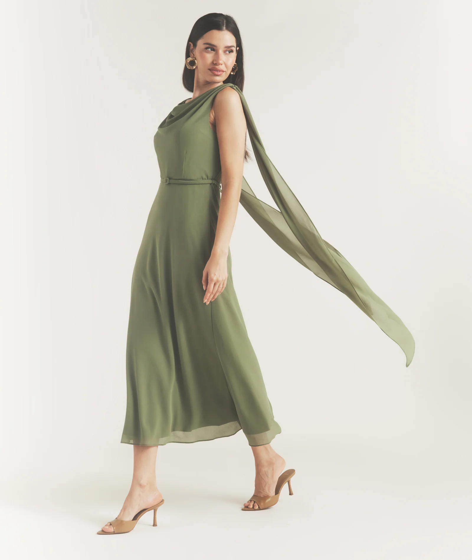 Cowl Front Drape Detail Belted Midi Dress - Sage