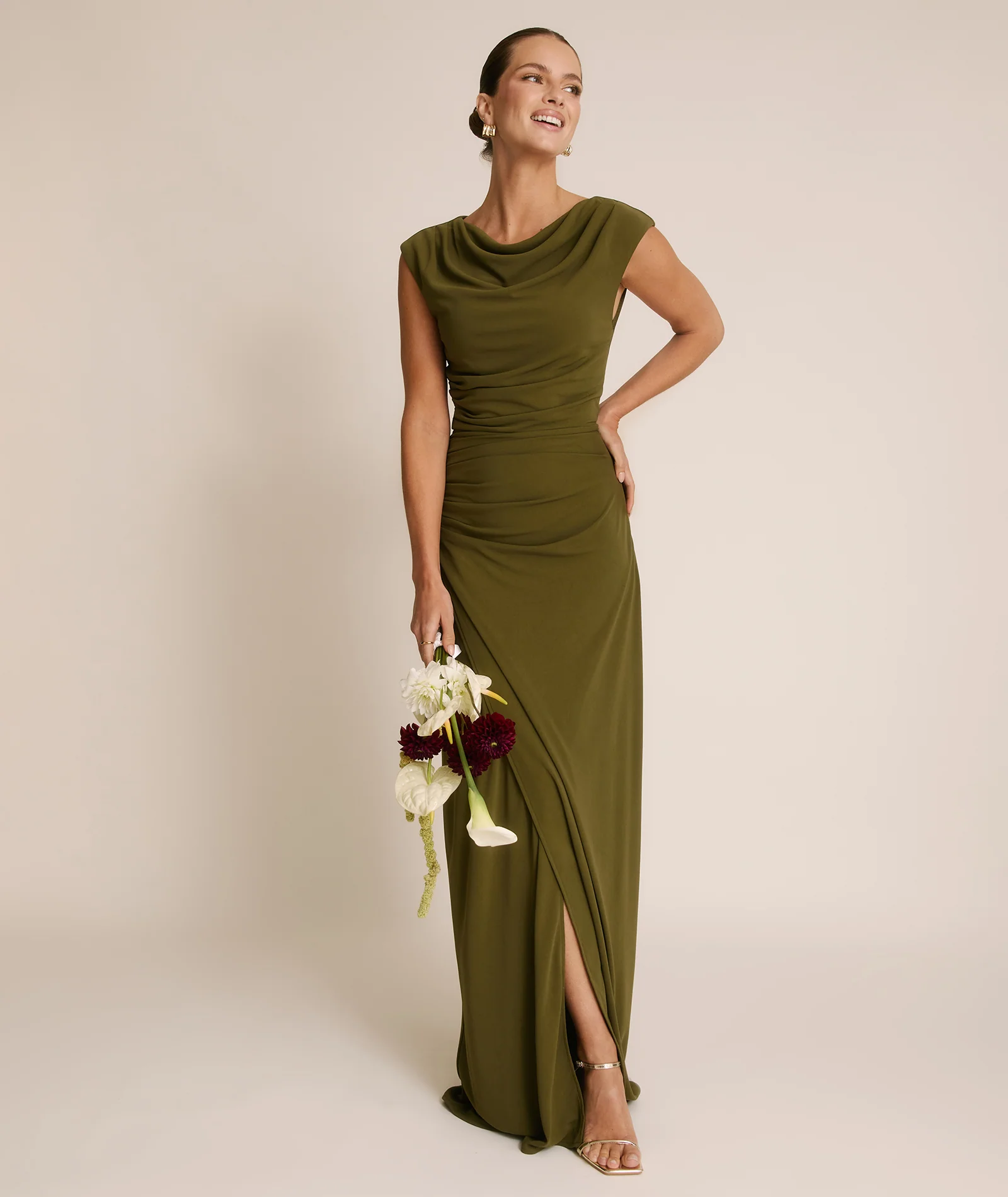 Cowl Wrap Neck Stretch Sculpt Bridesmaid Dress - Fern Green
