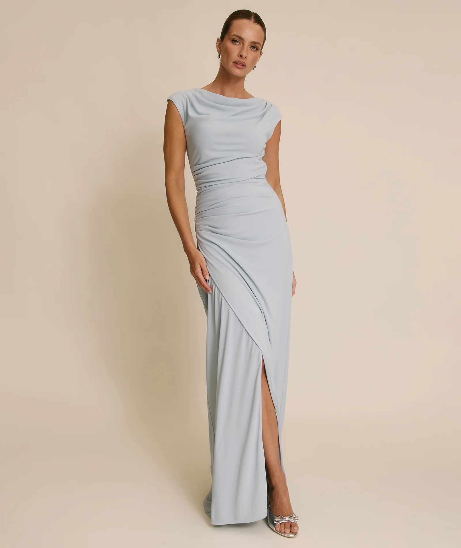 Cowl Wrap Neck Stretch Sculpt Bridesmaid Dress - Pale Blue