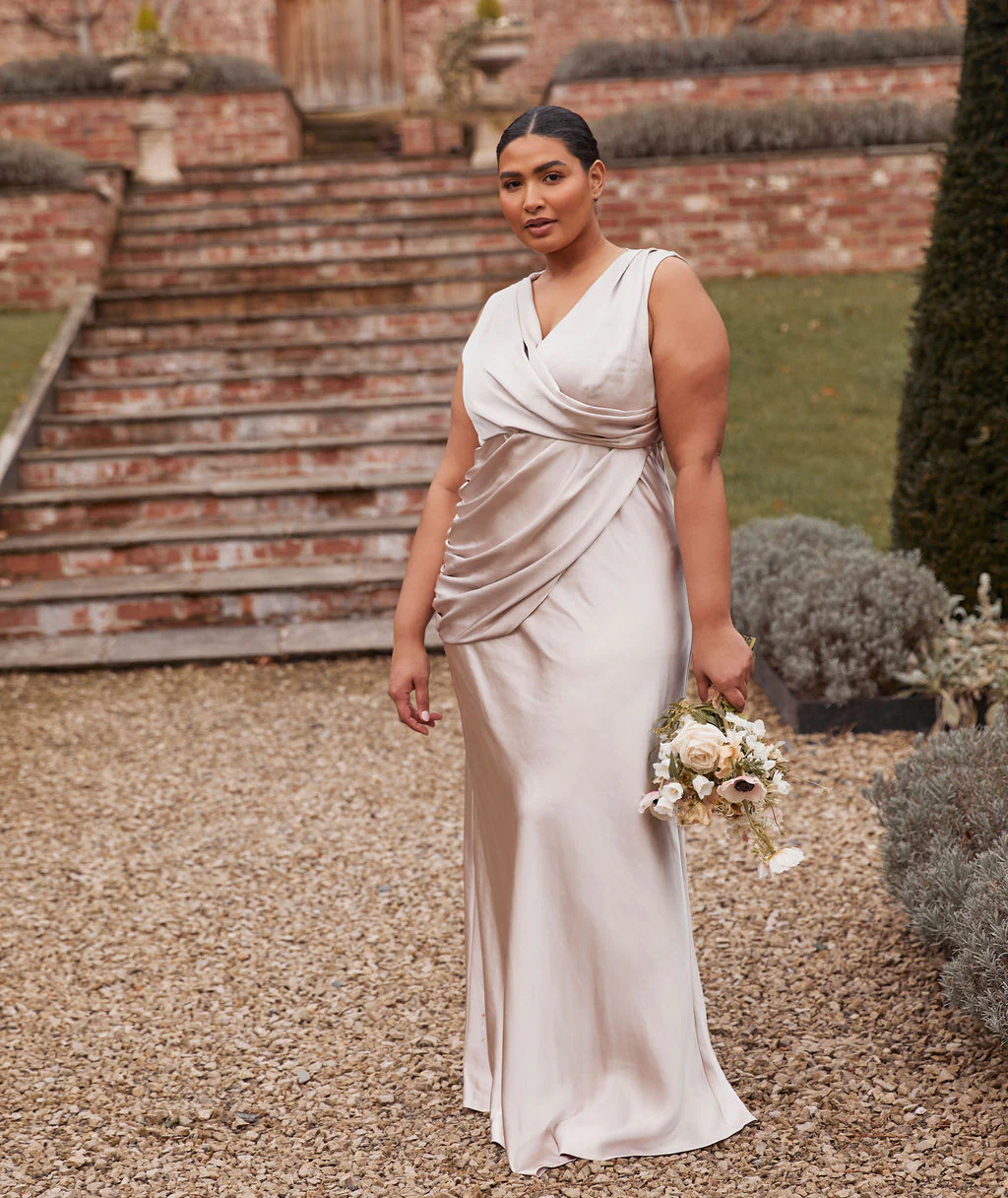 Drape Detail Satin Bridesmaid Dress - Oyster