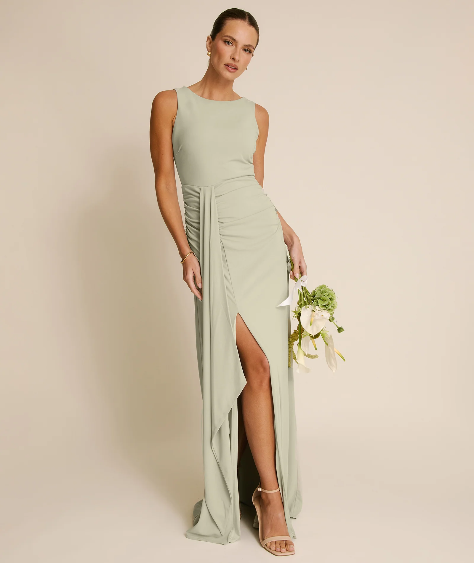 Drape Detail Stretch Sculpt Bridesmaid - Soft Sage