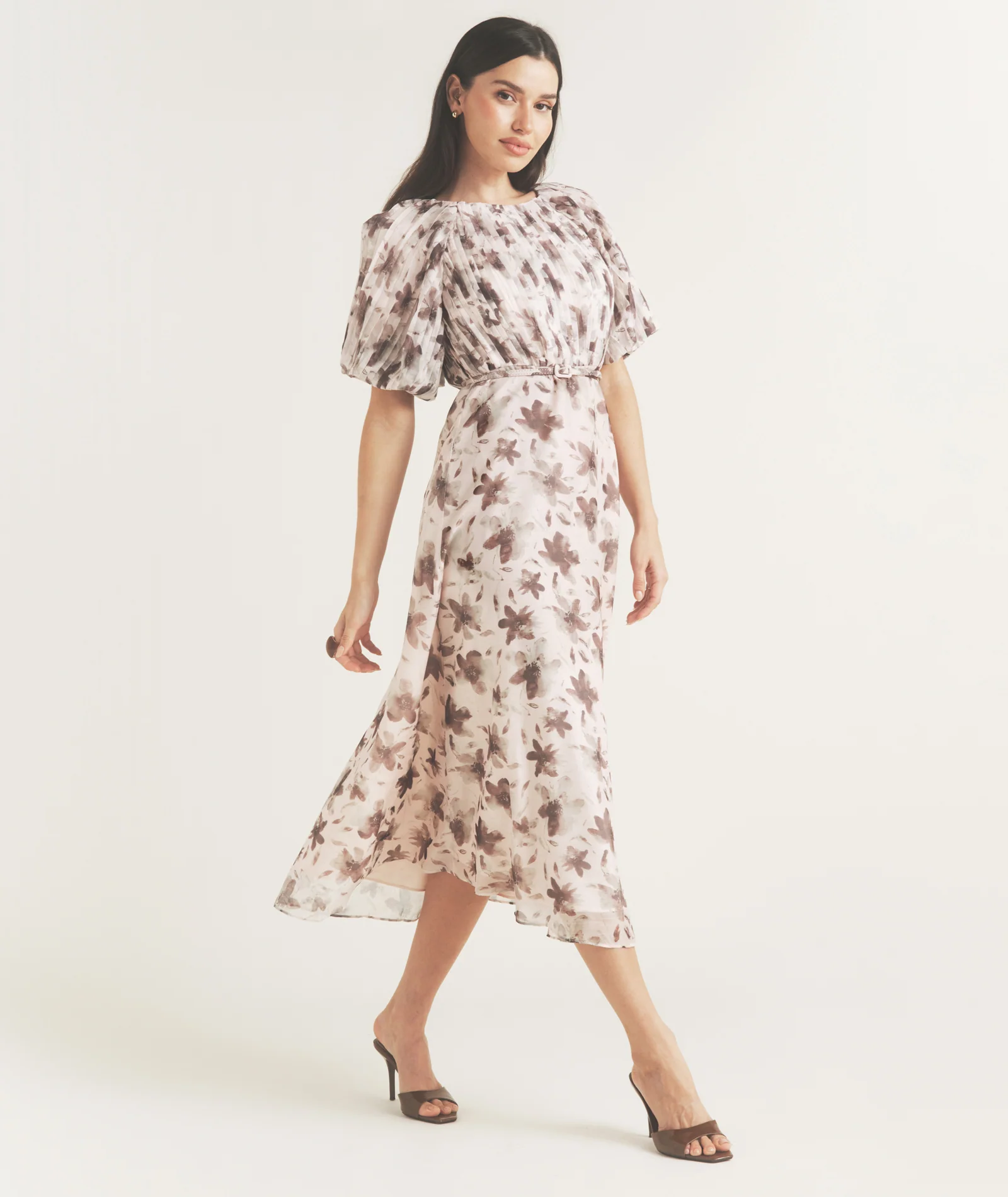 Floral Pleat Detail Midi Dress - Pink