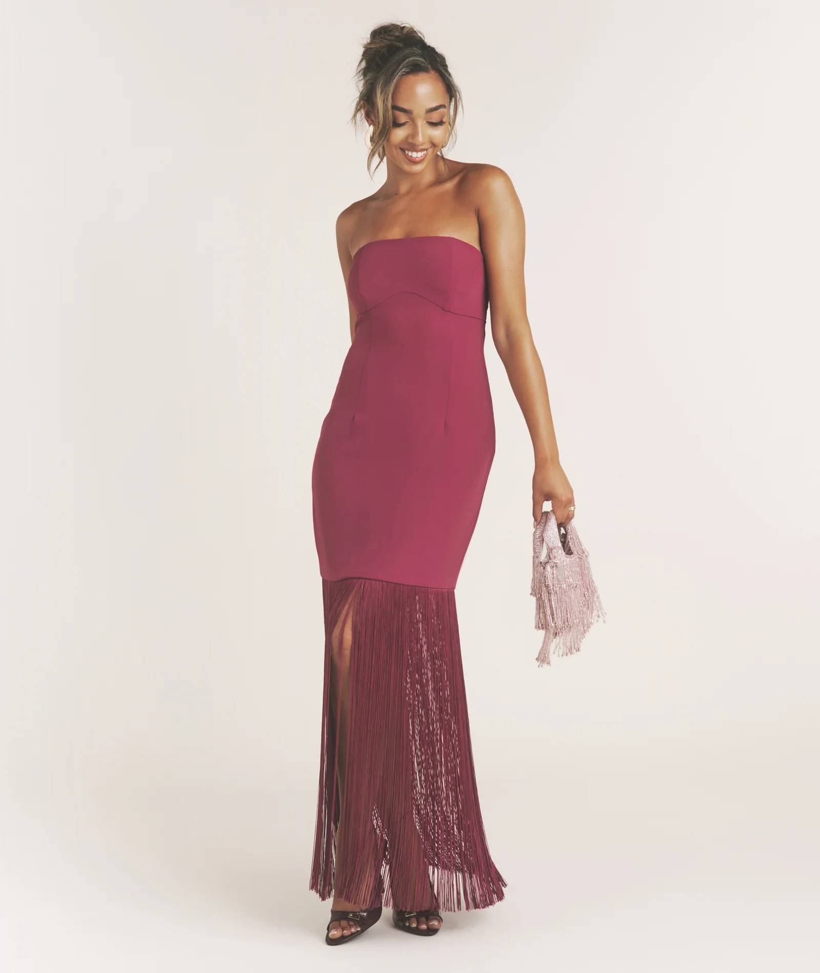 Fringe Bandeau Maxi Dress - Raspberry Pink - Image 6