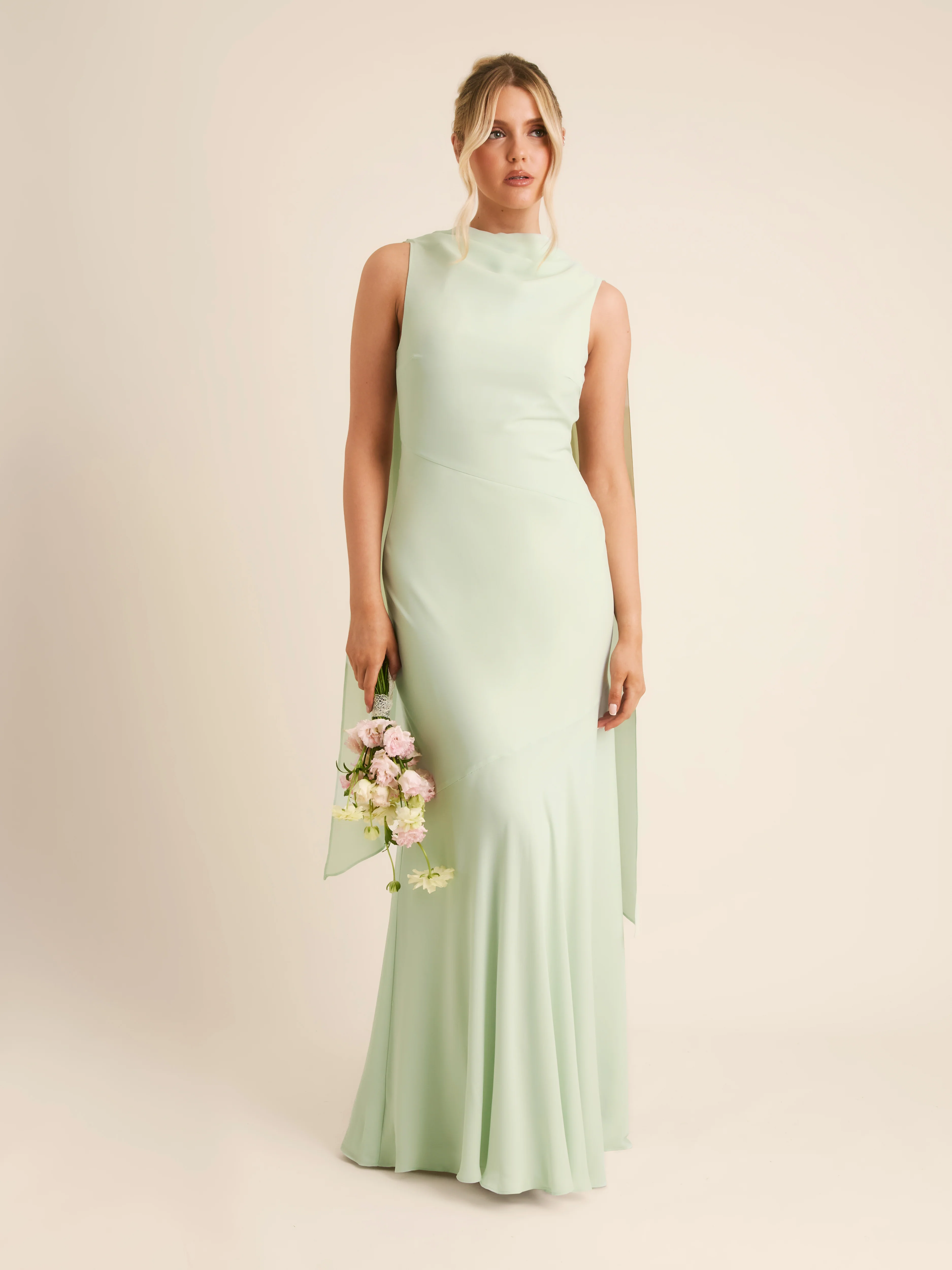 High Cowl Neck Drape Chiffon Bridesmaid Dress - Mint Green