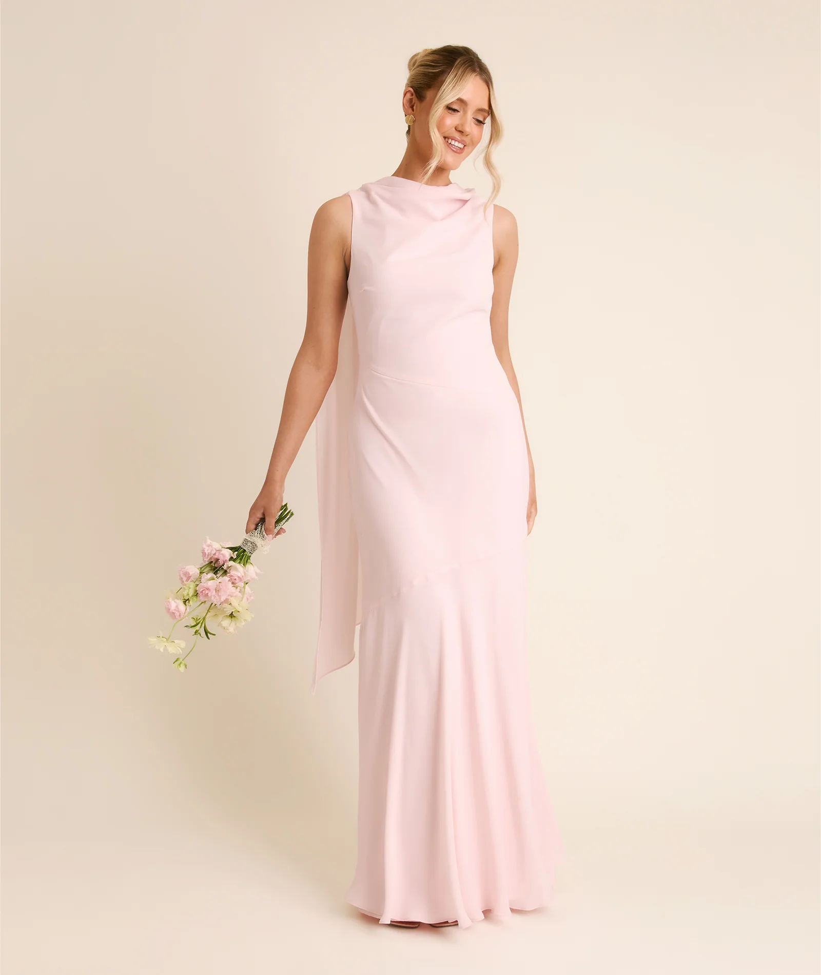 High Cowl Neck Drape Chiffon Bridesmaid Dress - Blush Pink - Image 4