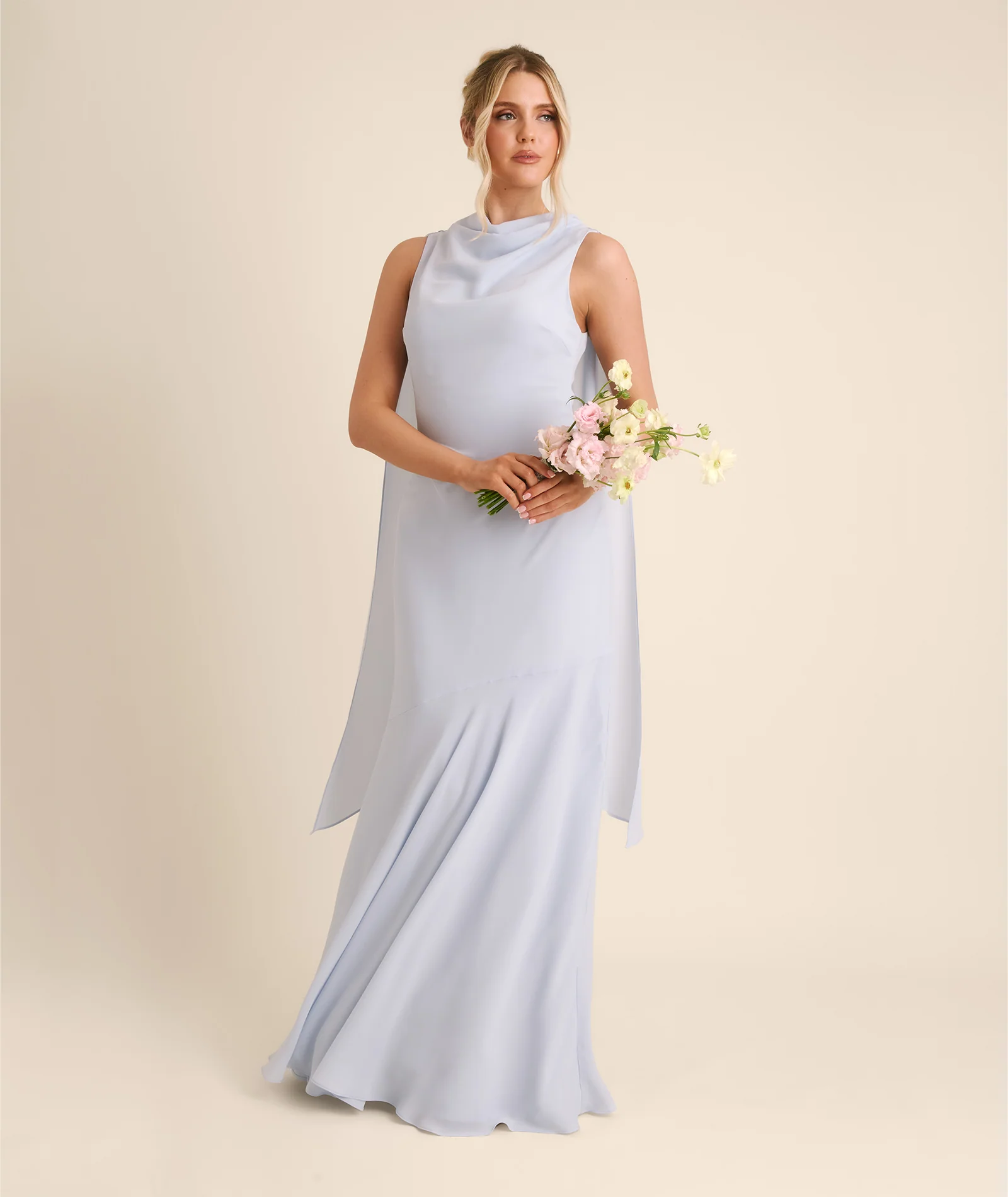 High Cowl Neck Drape Chiffon Bridesmaid Dress - Powder Blue