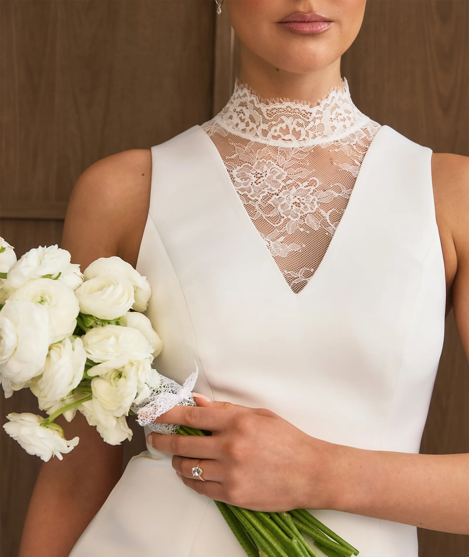 Lace High Neck A-line Mini Dress - White - Image 2