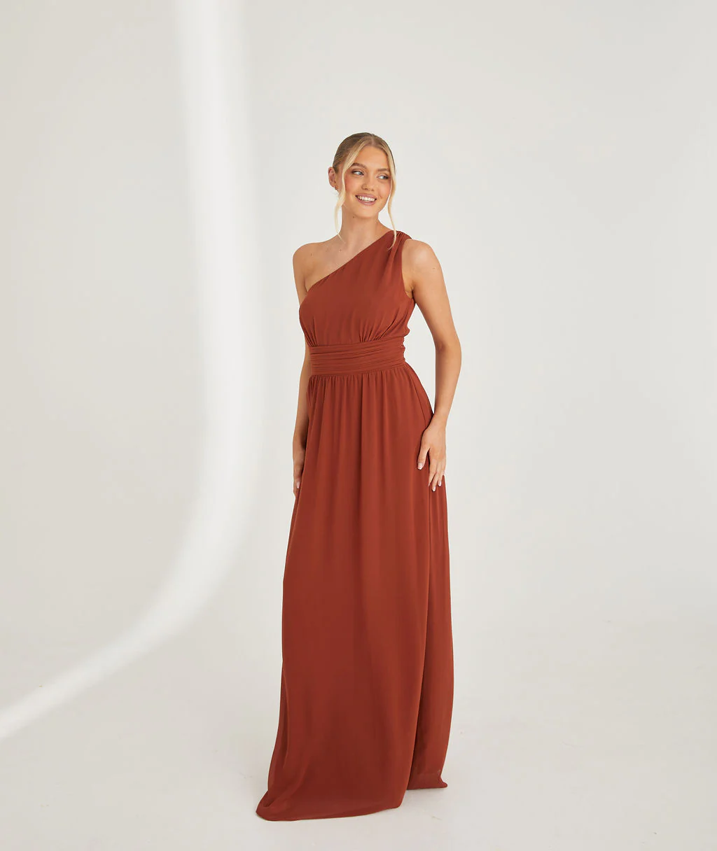 One Shoulder Chiffon Bridesmaid Dress - Rust