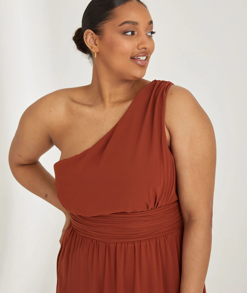 One Shoulder Chiffon Bridesmaid Dress - Rust - Image 2