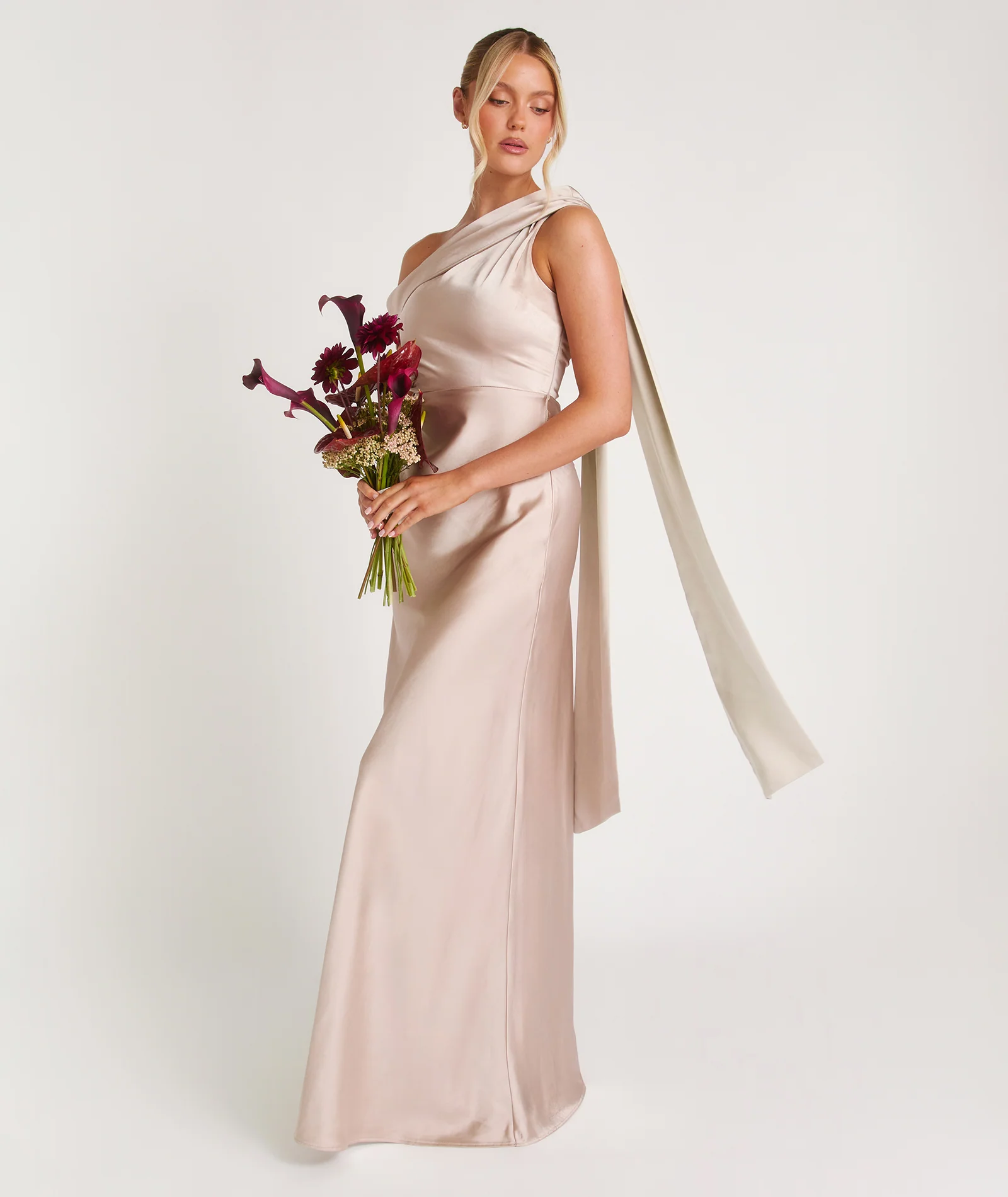 One Shoulder Drape Satin Bridesmaid Dress - Oyster