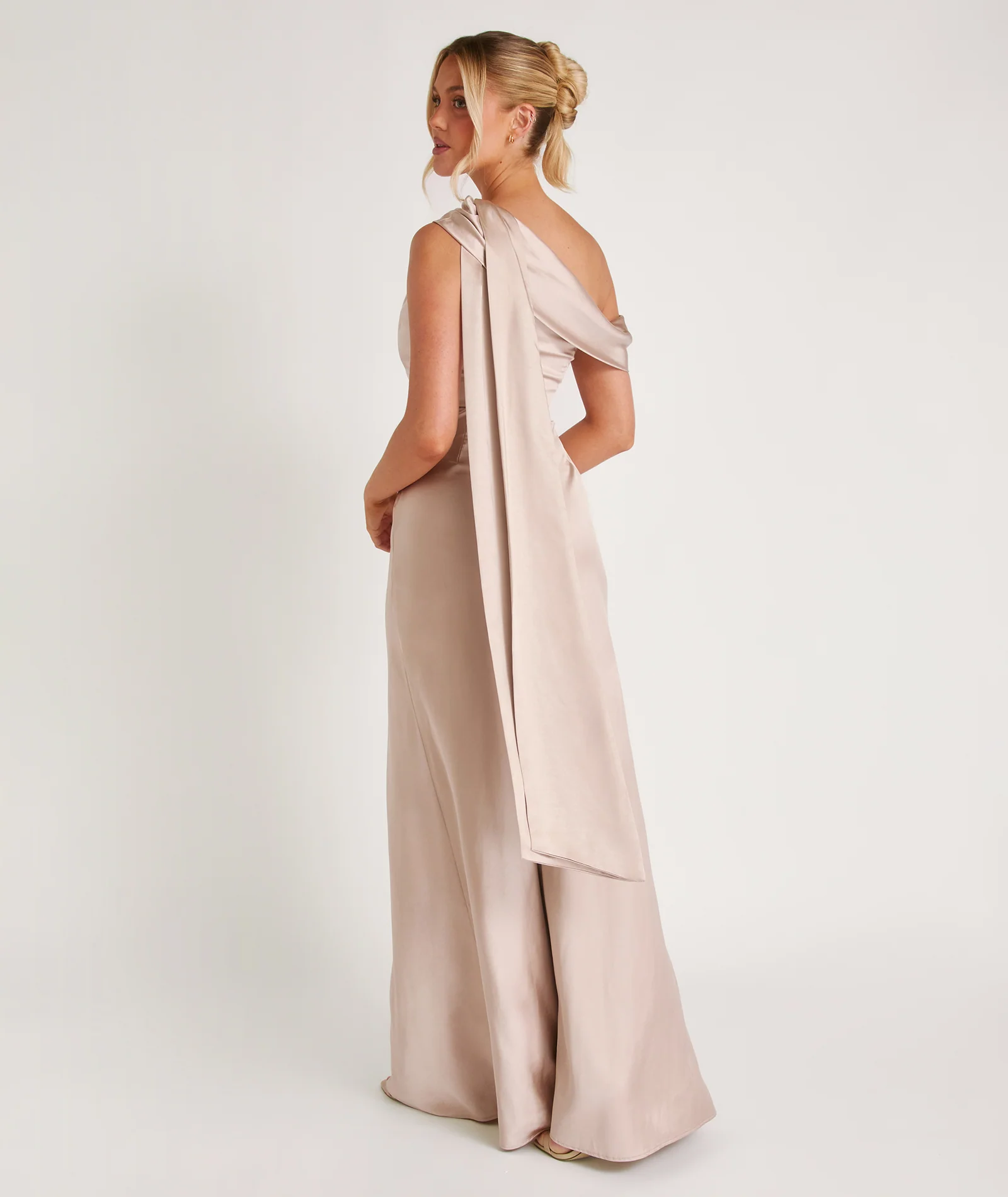 One Shoulder Drape Satin Bridesmaid Dress - Oyster - Image 2