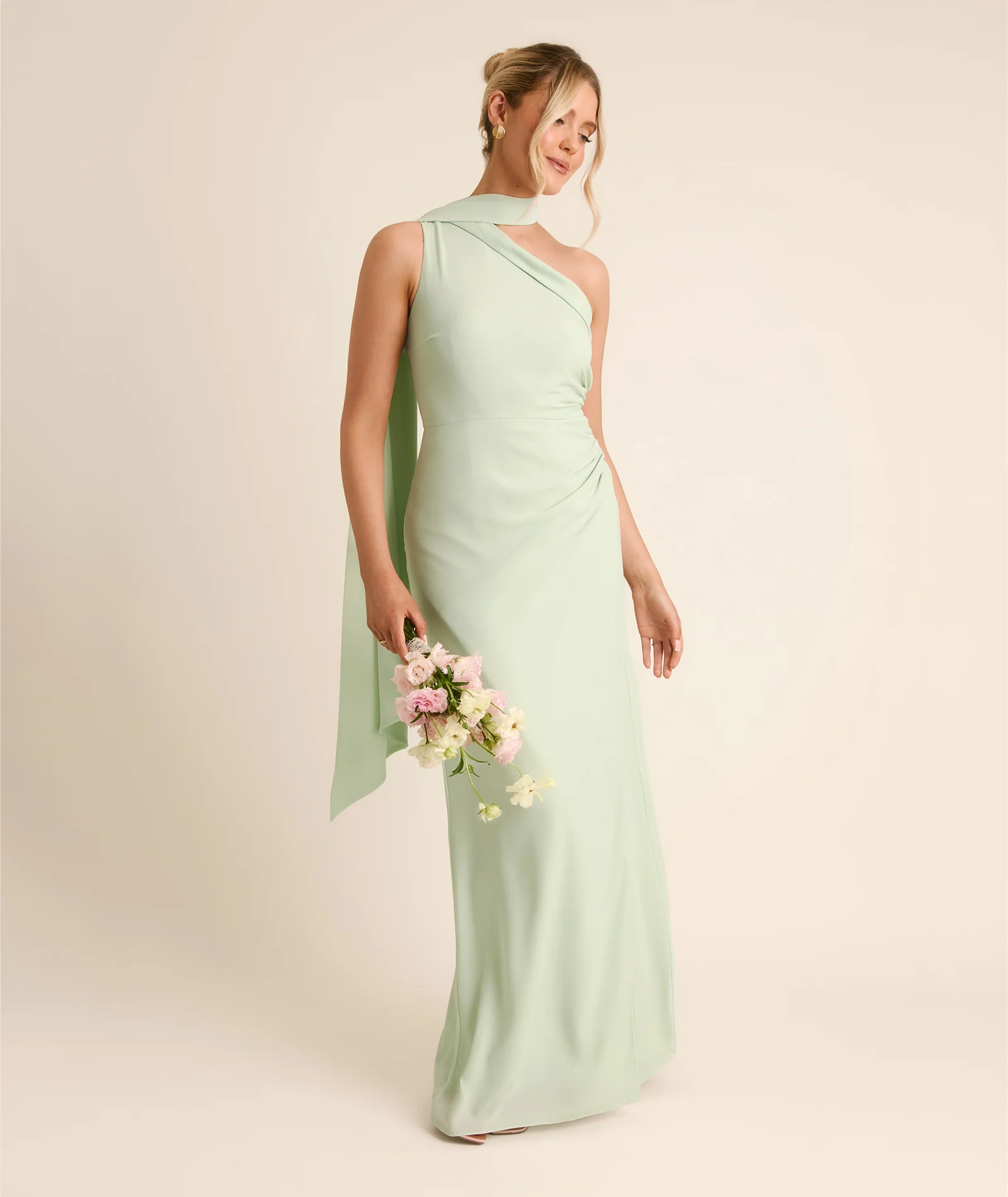 One Shoulder Neck Tie Chiffon Bridesmaid Dress - Mint Green
