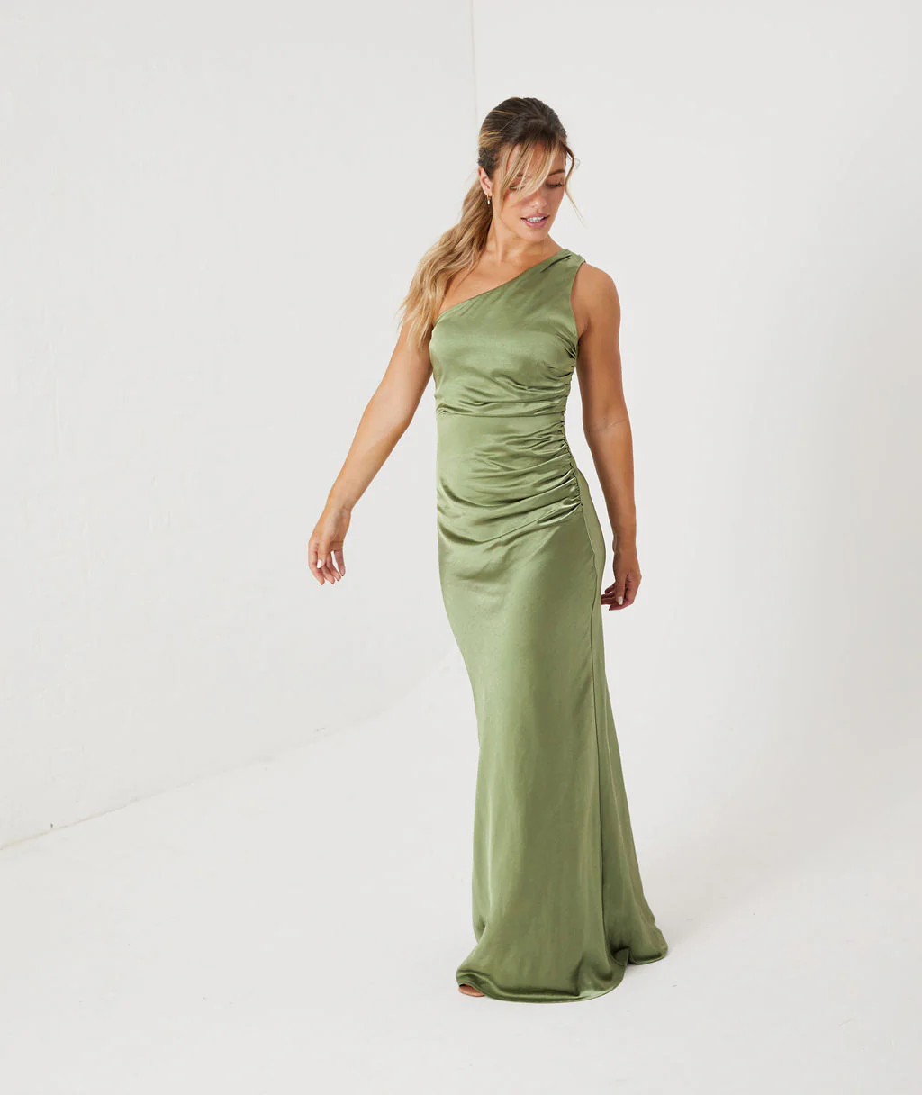 One Shoulder Satin Bridesmaid Dress - Moss Green - Image 5