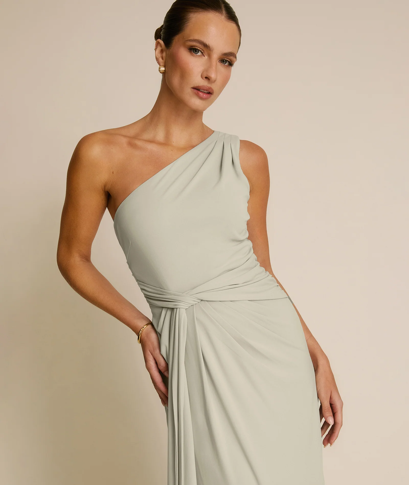 One Shoulder Stretch Sculpt Bridesmaid Dress - Soft Sage - Image 2