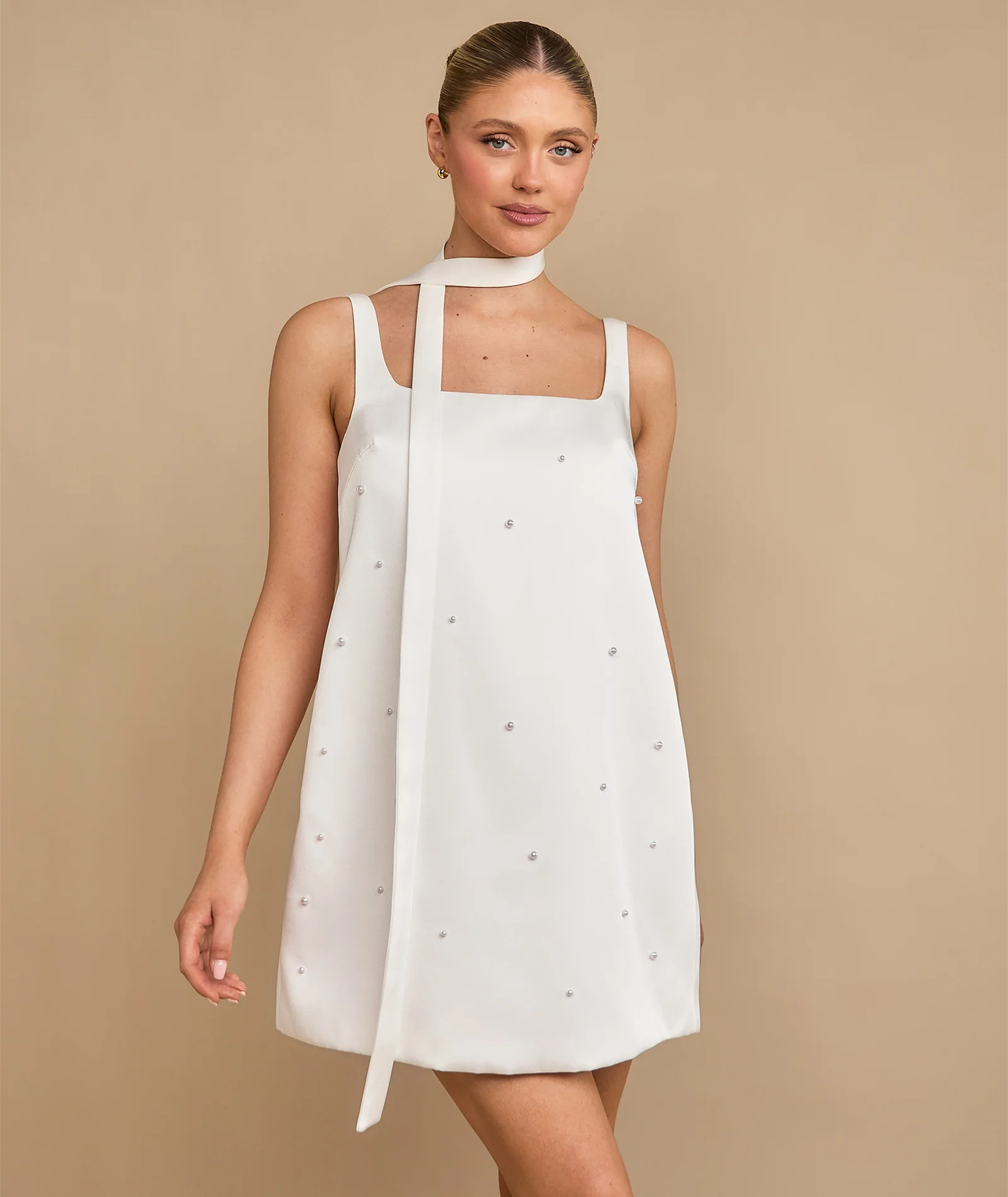 Pearl Scatter Detail Mini Dress with Neck Scarf – White