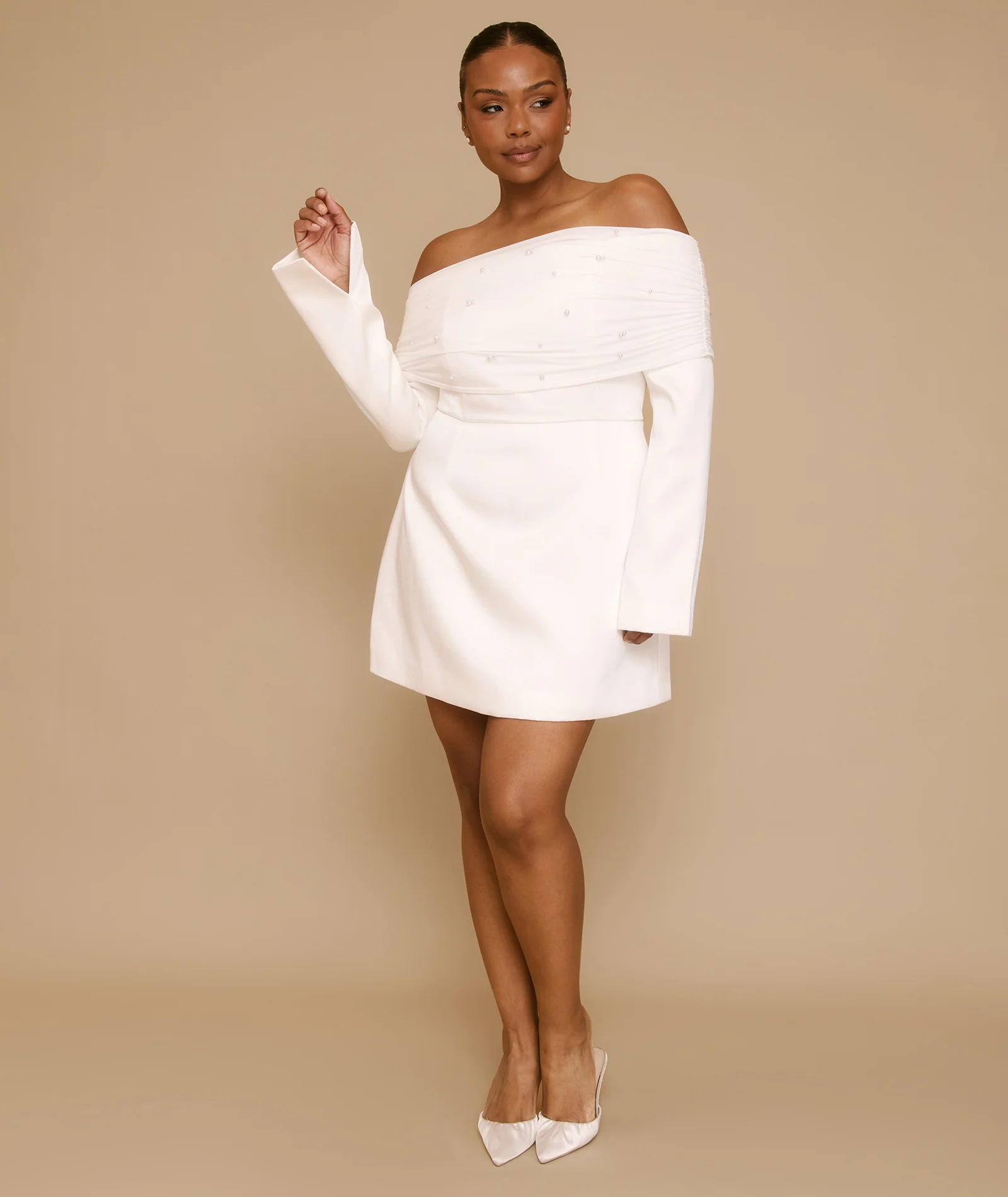 Pearl Trim Bardot Mini Dress - White
