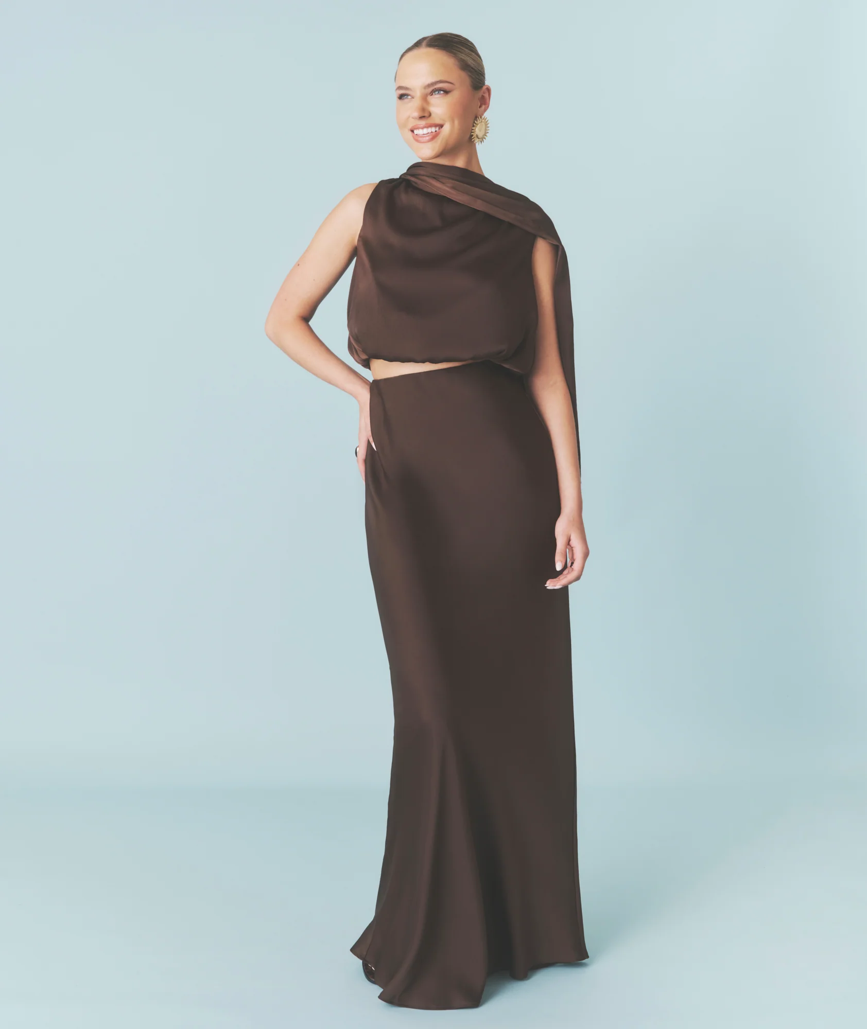 Satin Drape Detail High Neck Top - Chocolate - Image 2