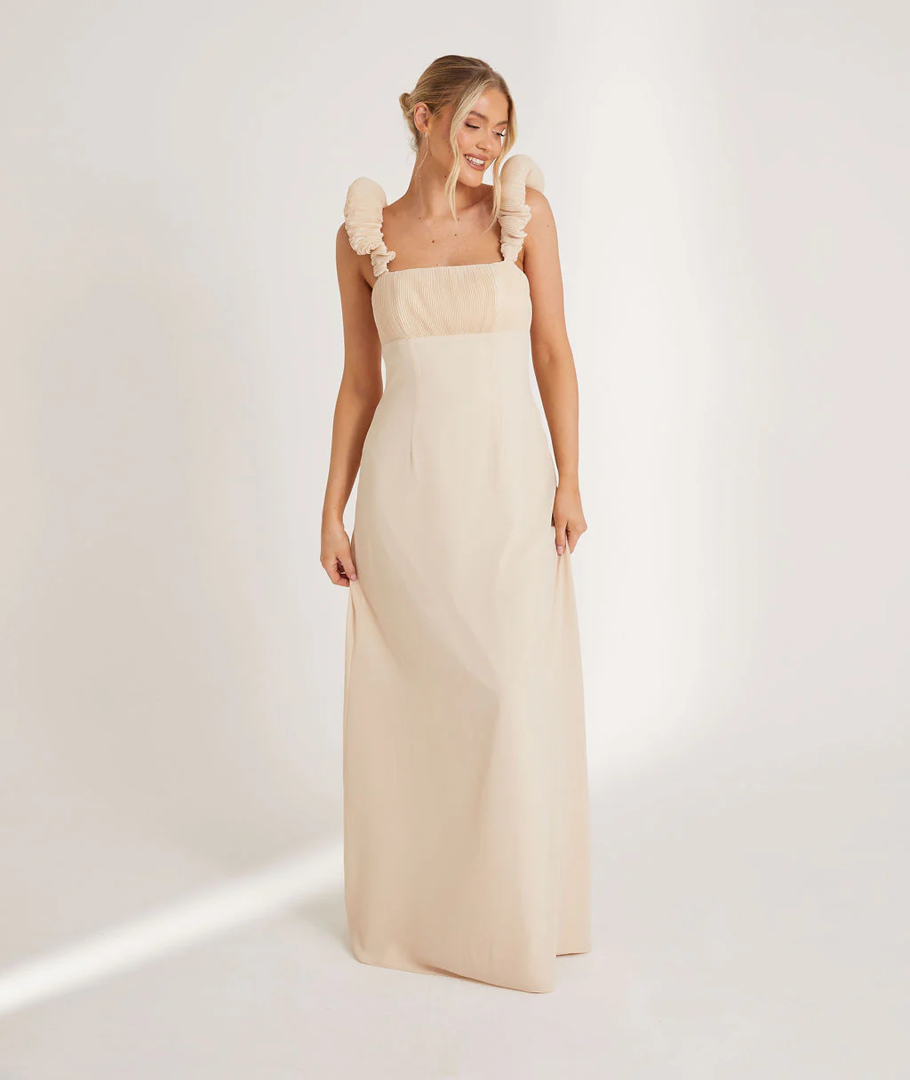 Statement Shoulder Chiffon Bridesmaid Dress - Butter Cream