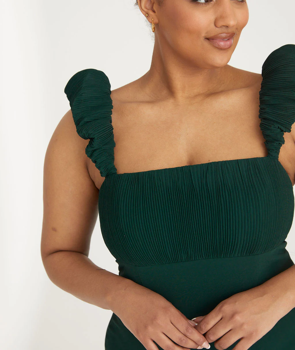 Statement Shoulder Chiffon Bridesmaid Dress - Emerald