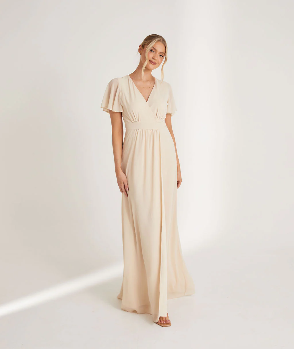 Wrap Tie Chiffon Bridesmaid Dress - Butter Cream - Image 2